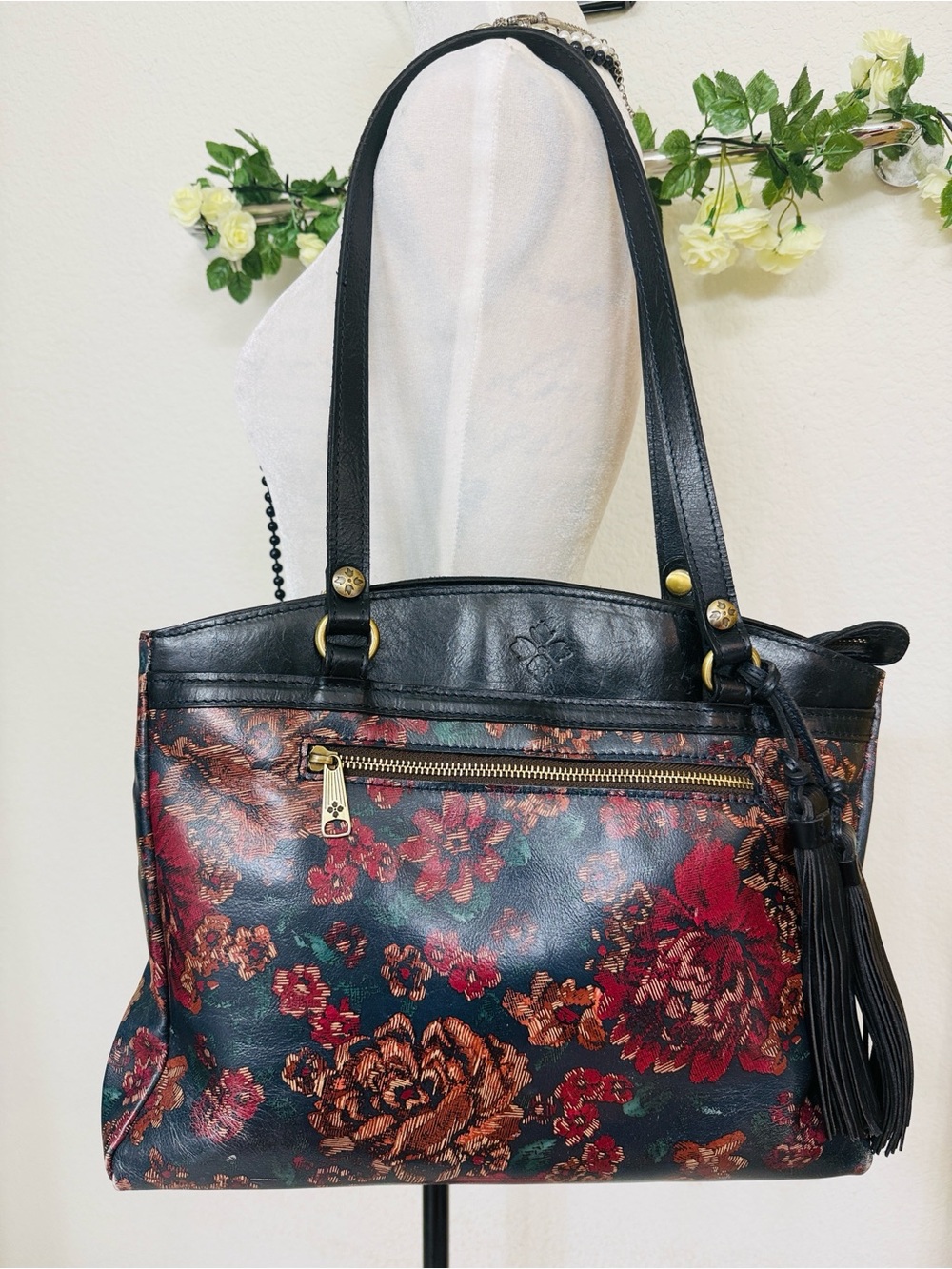 Patricia Nash • Black Floral Leather Tote Shoulder Bag Tassel Satchel
